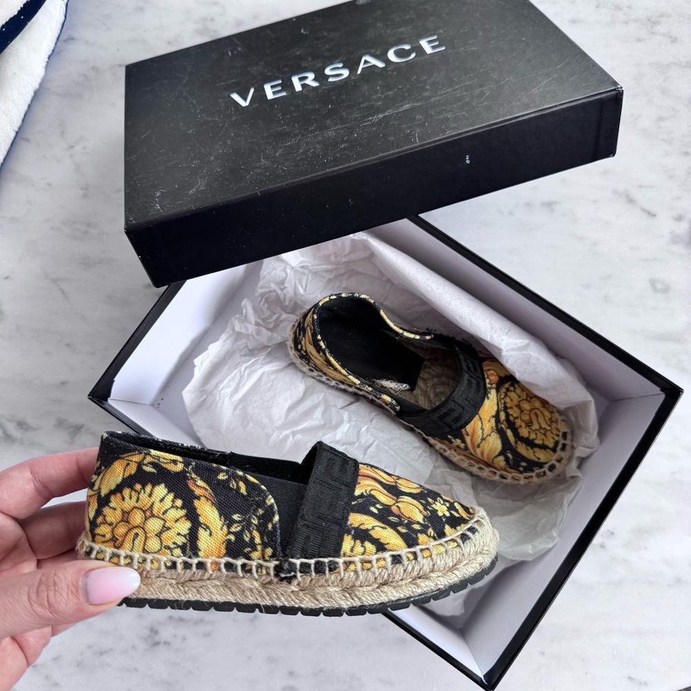Versace kids EU27 black and gold espadrilles Barroco design Medusa canvas US9.5